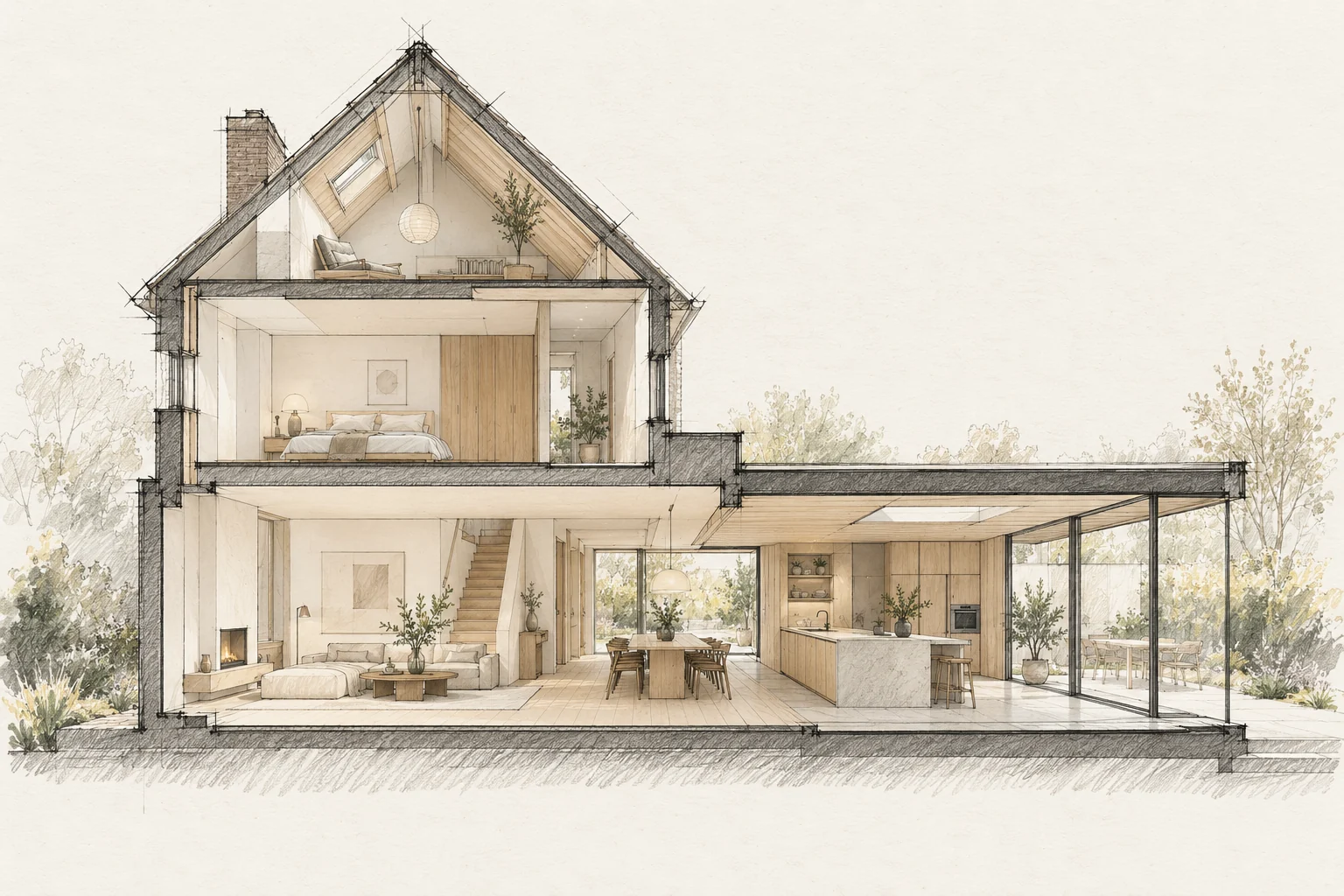Conceptuele doorsnedetekening van een woningrenovatie